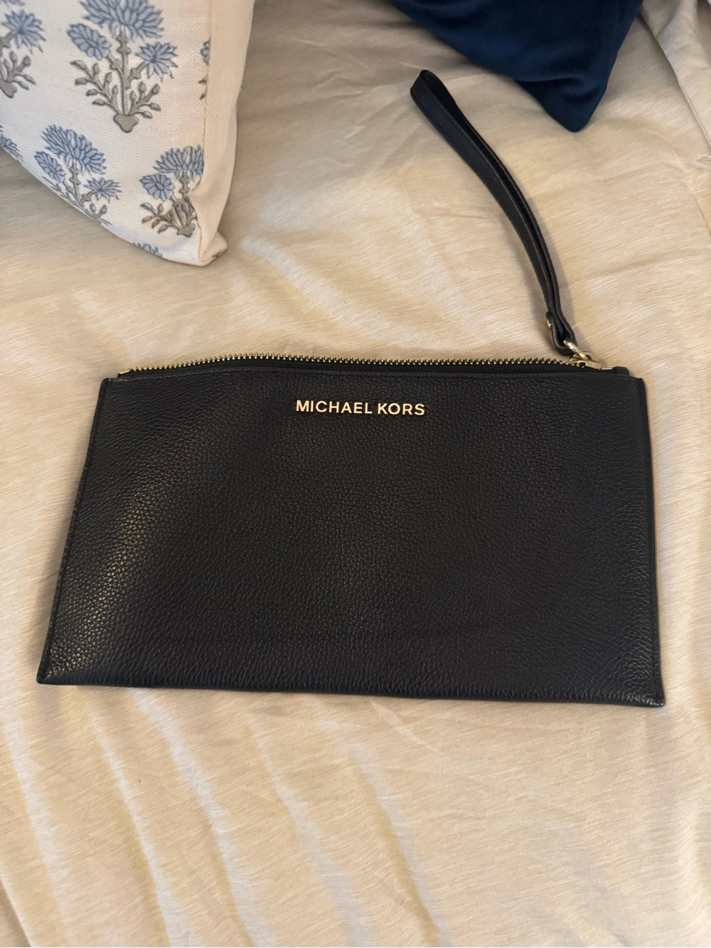 Michael Kors Black Pebbled Leather Wristlet Clutch with Gold Logo